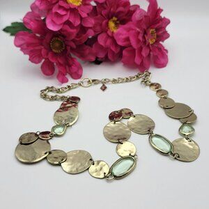 Hammered Gold Tone Circle And Glass Long Link Chain Necklace 33 Inch By Sequin